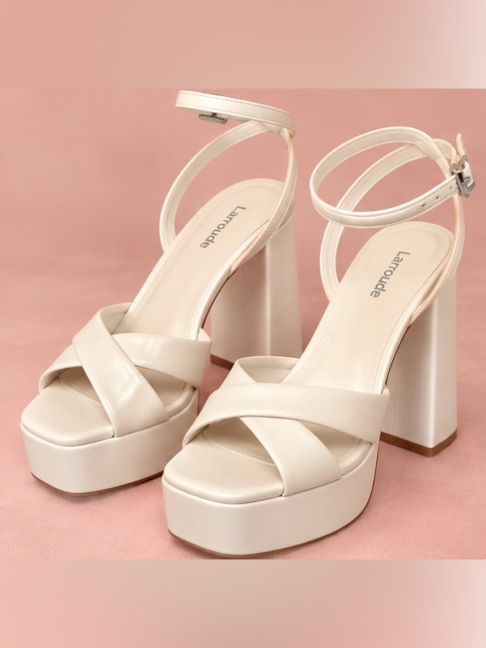 Larroude Dolly X  Platform Block Heel Sandals with Ankle Strap - Ivory Size 8
